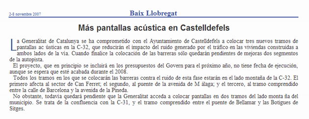 Notícia publicada al setmanari TRIBUNA anunciant la instal·lació de noves pantalles acústiques a la C-32 a Castelldefels